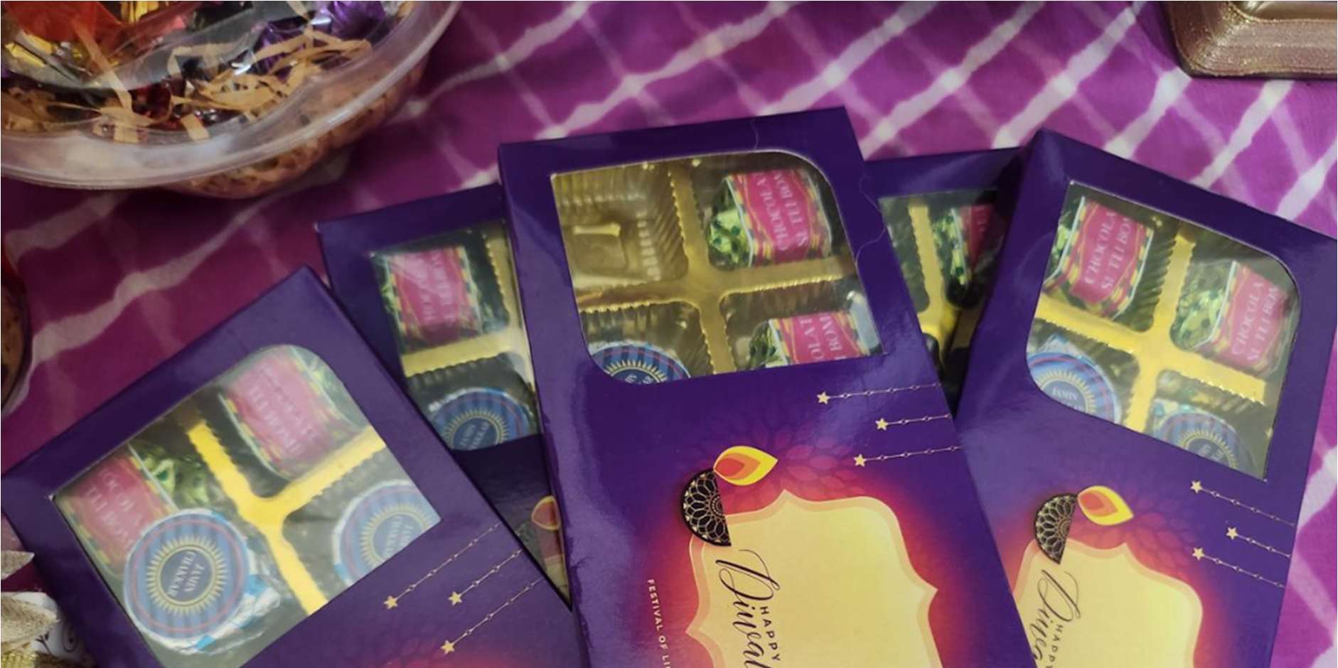 Purple Happy Diwali envelope chocolate boxes with 4 chocolates