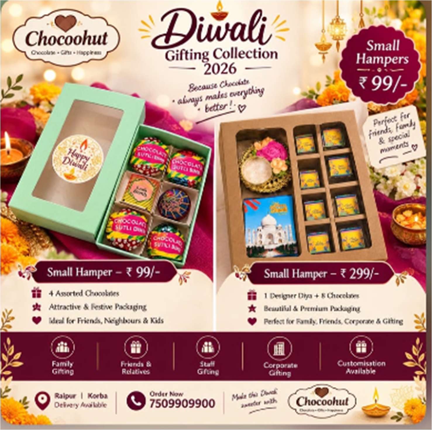 Chocoohut Diwali small hampers - 4 chocolate box at Rs 99 and designer diya with 8 chocolates at Rs 299