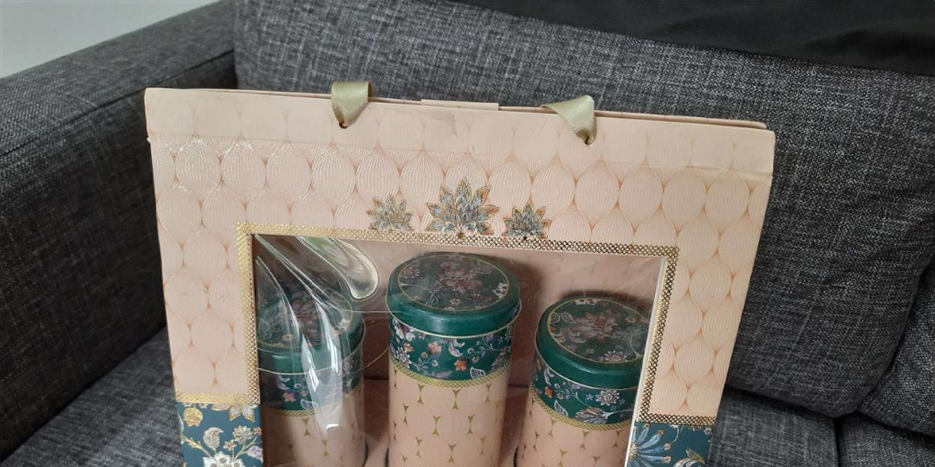 Designer Diwali gift bag with three floral chocolate tins